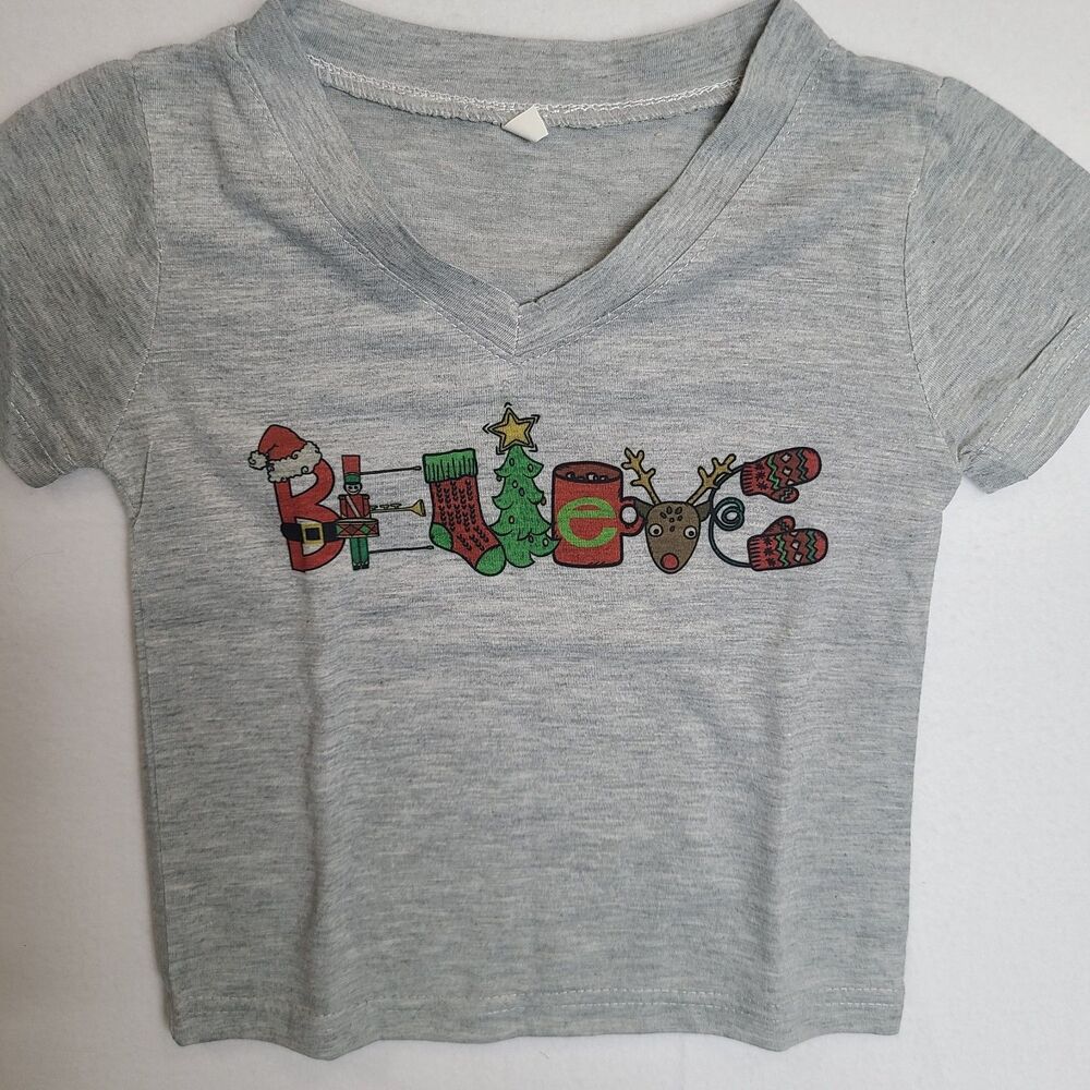 New Girl 12 Month Gray Short Sleeve Shirt Believe Reindeer Santa Tree Mittens